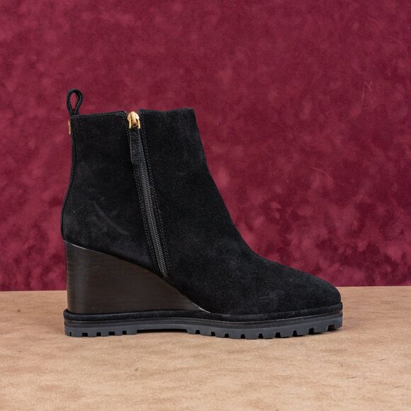 Tory Burch Women Black Suede Zip Wedge Lug Sole Ankle Boots sz 10.5 - Picture 7 of 8